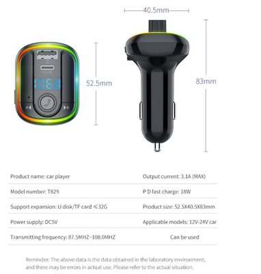 T829 Car Charger BT Receiver FM Transmitter MP3 Music Player Colorful Lights PD 18W Fast Charge supplier