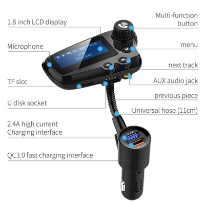 T91 Car Wireless MP3 Music Player LCD Screen Car Hands-Free Phone FM Transmitter QC3.0 Fast Charge supplier